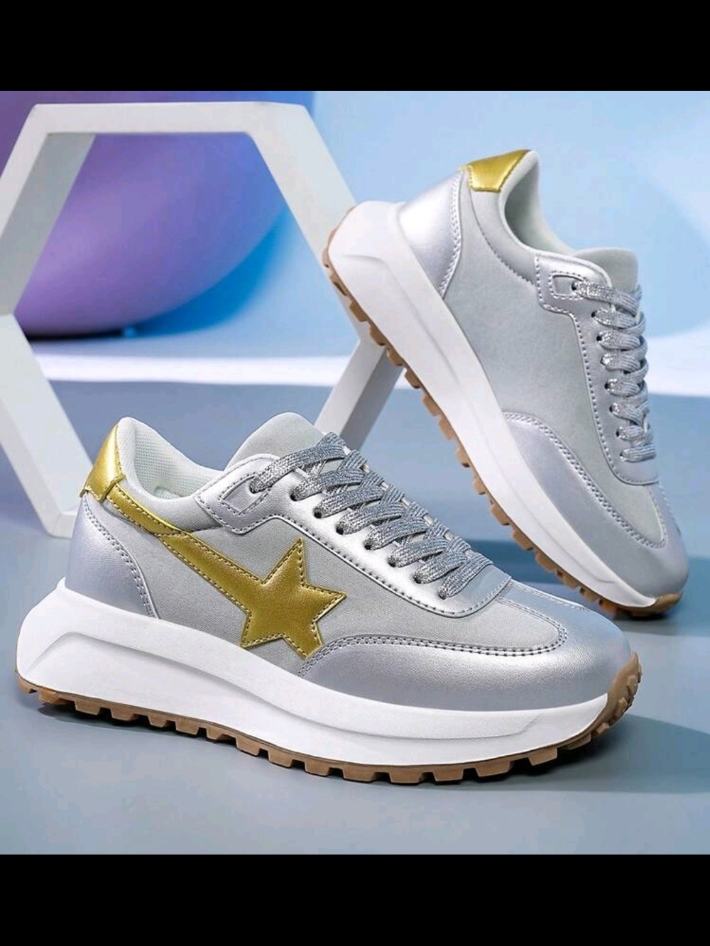 Women's Metallic Silver Sneakers with Gold Star Accent - Picture 2 of 2